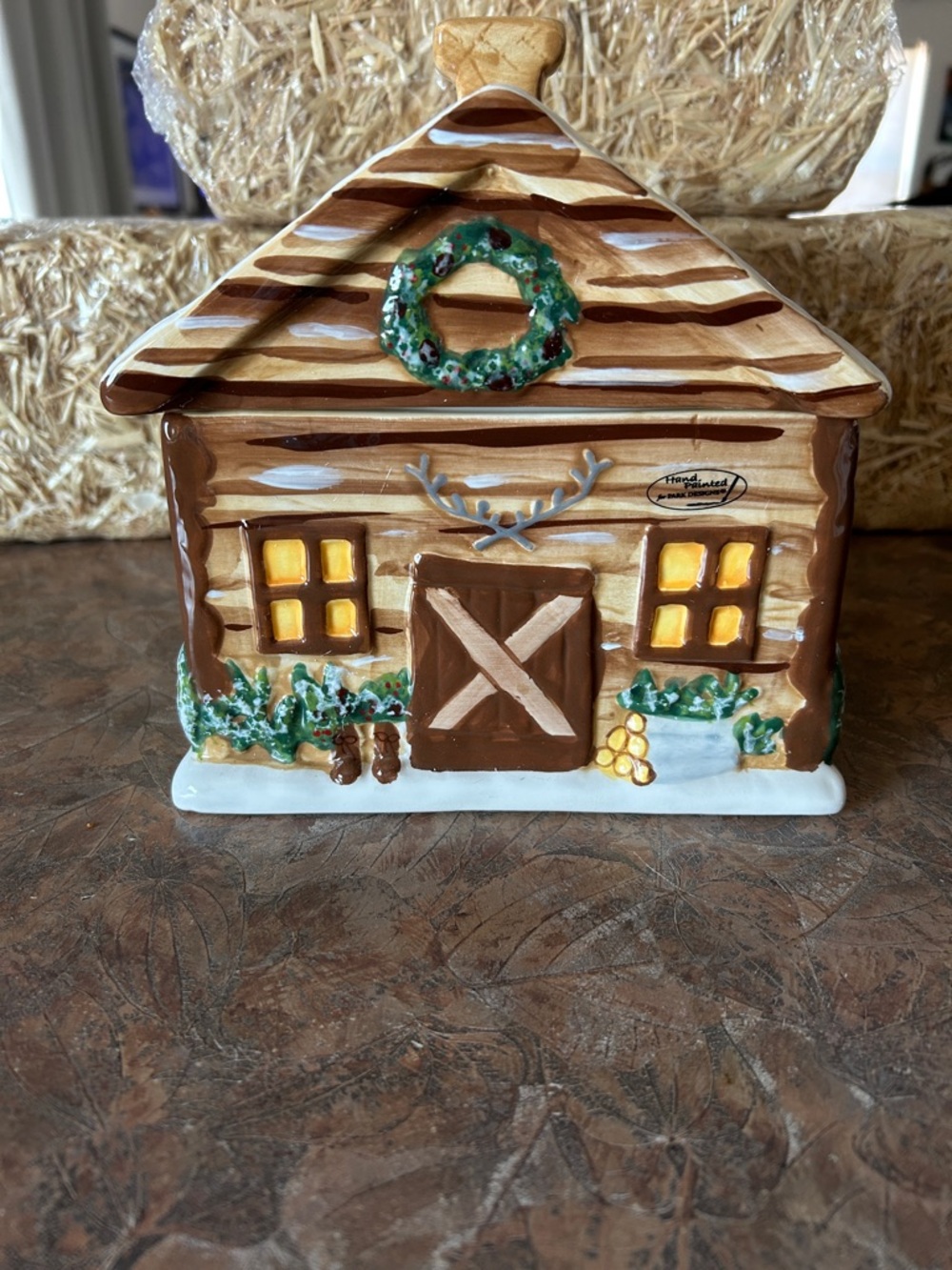 Hand Painted Sweet Log Cabin Home Ceramic Cookie Jar